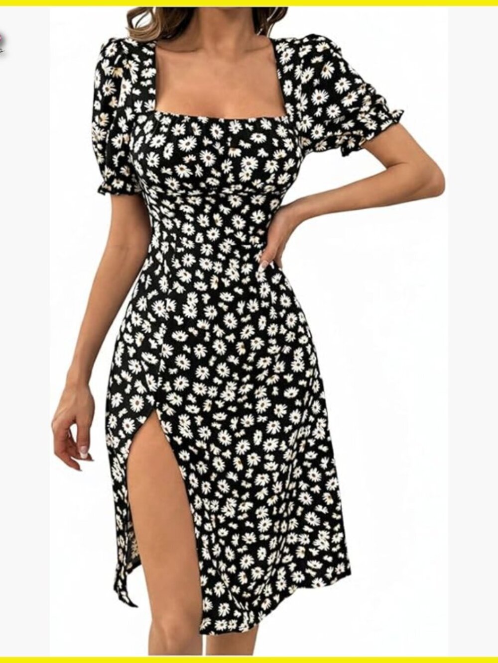 Puff Sleeve Floral Boho Dress Thigh Slit Square Neck Casual Chic